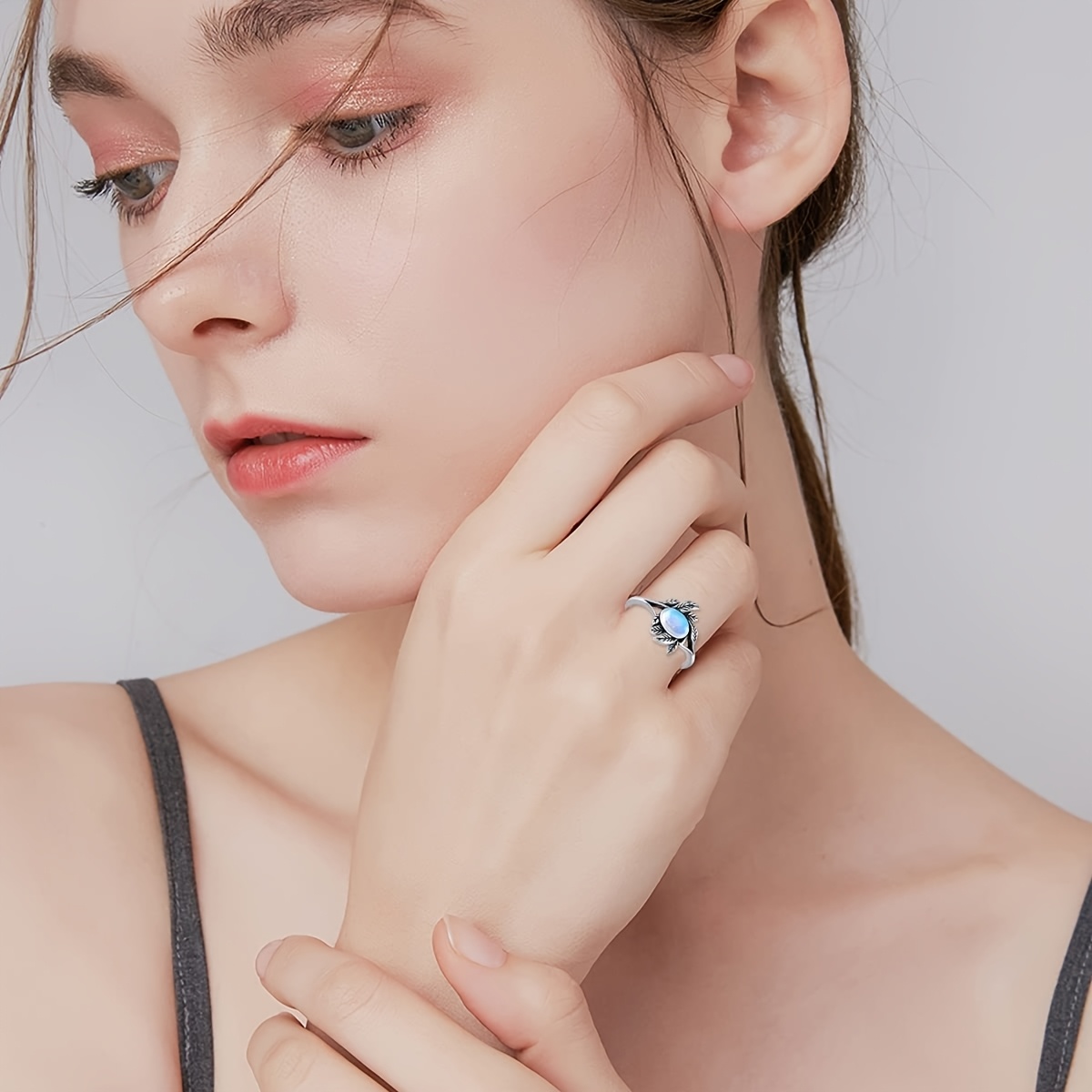 Moonstone Ring Sterling Silver Olive Leaf Women's Jewelry